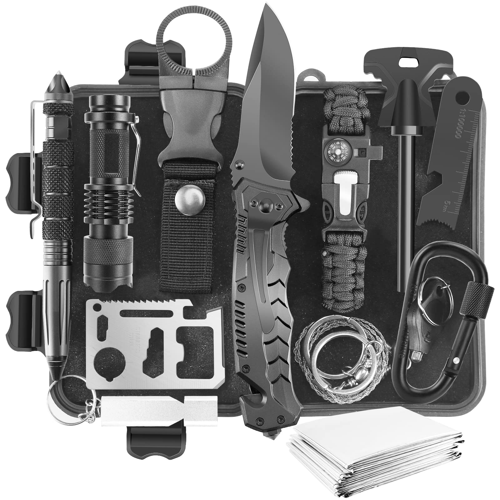 Survival Gear Kit - Fire Starter, Knife, Blanket, Wood Cutter, Tactical Pen, Flashlight & More
