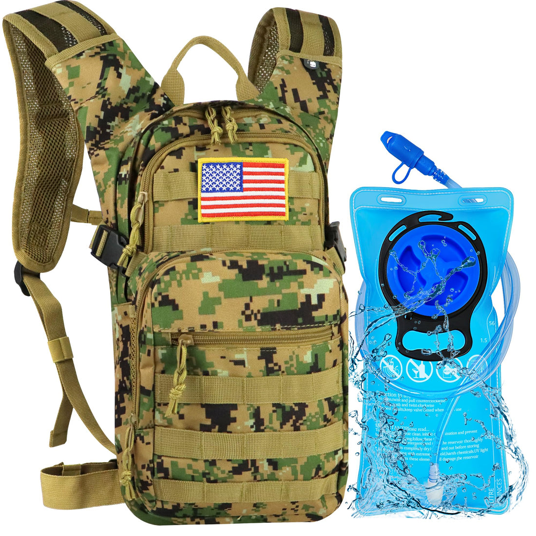 Camo Hydration Backpack with 2L Water Bladder - Tactical Molle