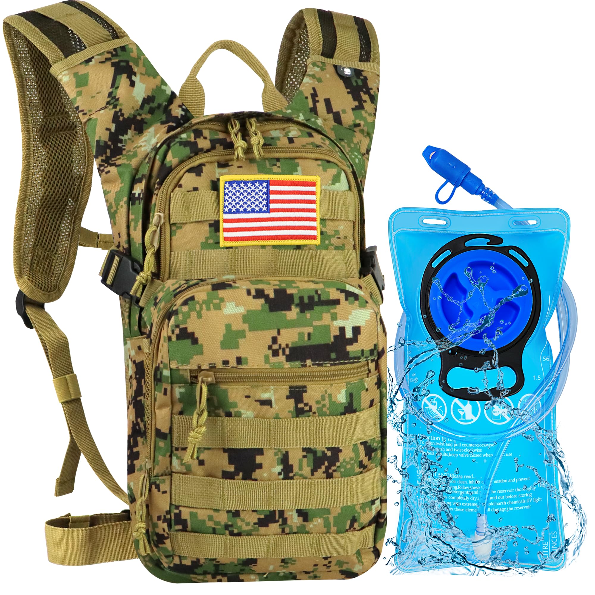 Camo Hydration Backpack with 2L Water Bladder - Tactical Molle