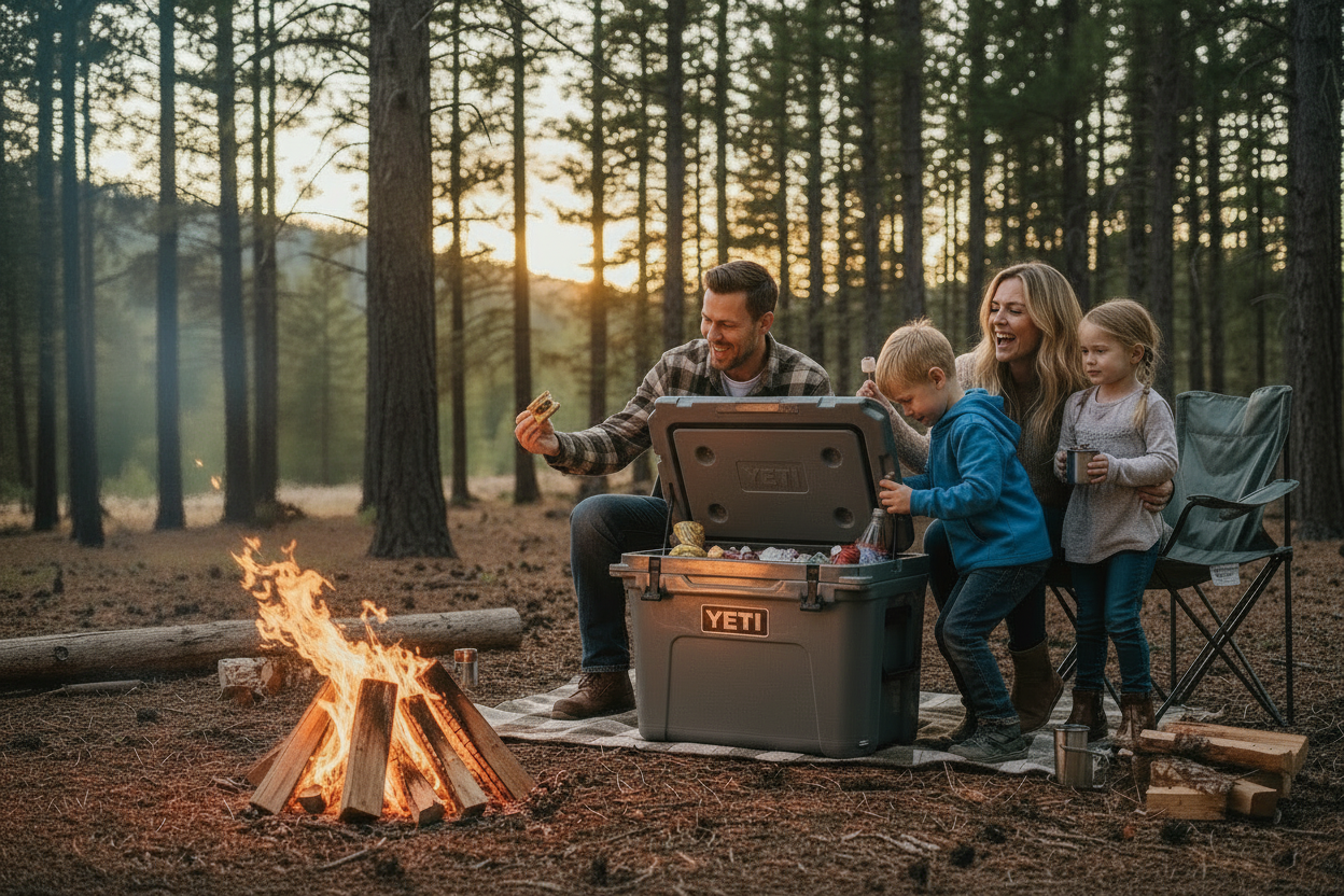 Family camping with gray Yeti cooler
