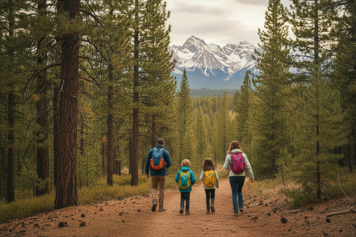 Family of four hiking with mother prominently included
