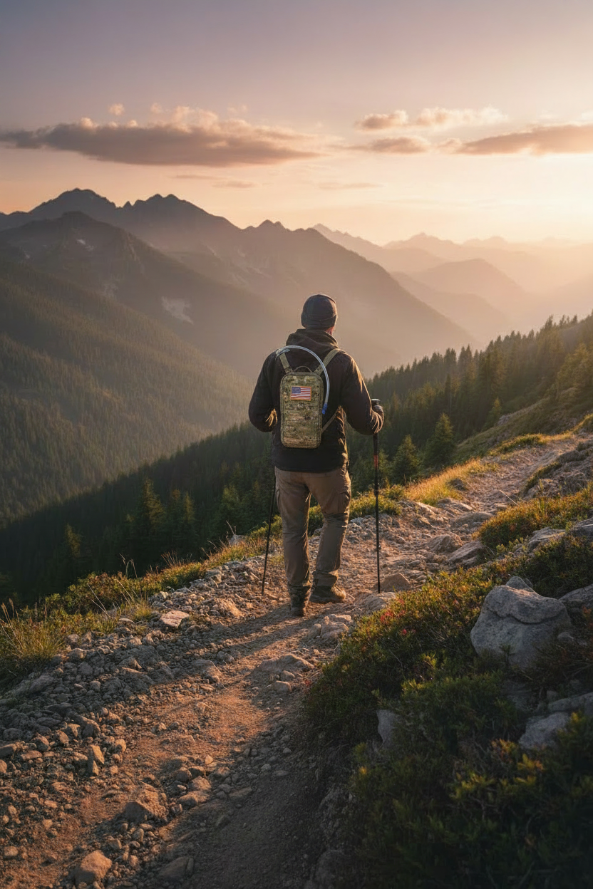 Hiker with micro camo hydration pack
