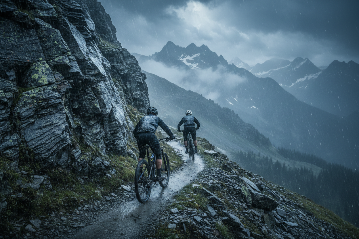 Two Bikers Riding Hard in Storm